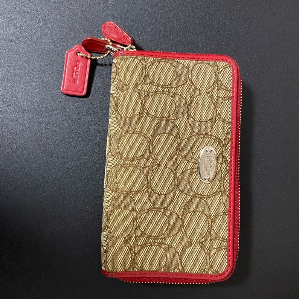 Coach Tan and Red Zip Wallet